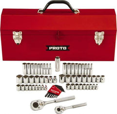 Proto - 63 Piece 1/4" & 3/8" Drive Chrome Finish Deep Well Socket Set - 6, 12 Points, 1/8" to 3/4" (5mm to 18mm) Range, Inch/Metric Measurement Standard - Eagle Tool & Supply
