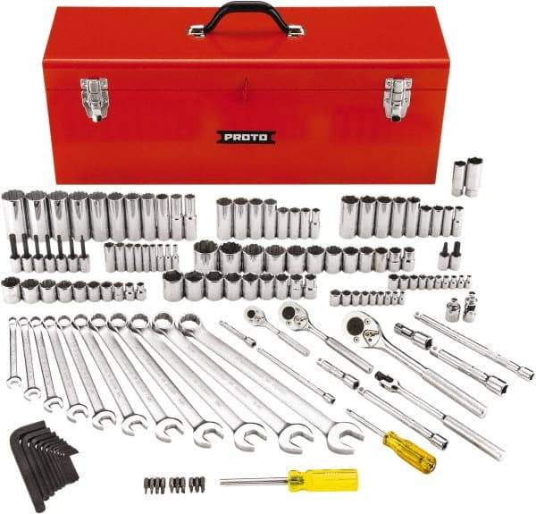 Proto - 148 Piece 1/4, 3/8 & 1/2" Drive Standard Deep Socket Set - 6 & 12 Points, 5/32 to 1-1/8", Inch Measurement Standard - Eagle Tool & Supply