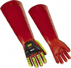 Ringers Gloves - Size S (8), 15" Long, 10 mil Thick, PVC Chemical Resistant Gloves - Textured Finish, KEVLAR Lined, Gauntlet Cuff, ANSI Abrasion Level 4, ANSI Cut Level 3, Hi-Viz Yellow/Red - Eagle Tool & Supply