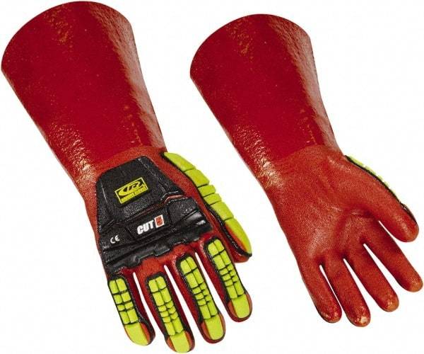Ringers Gloves - Size M (10), 14" Long, 10 mil Thick, PVC Chemical Resistant Gloves - Textured Finish, KEVLAR Lined, Gauntlet Cuff, ANSI Abrasion Level 4, ANSI Cut Level 3, Hi-Viz Yellow/Red - Eagle Tool & Supply