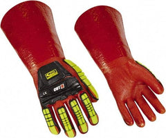 Ringers Gloves - Size XL (12), 14" Long, 10 mil Thick, PVC Chemical Resistant Gloves - Textured Finish, KEVLAR Lined, Gauntlet Cuff, ANSI Abrasion Level 4, ANSI Cut Level 3, Hi-Viz Yellow/Red - Eagle Tool & Supply