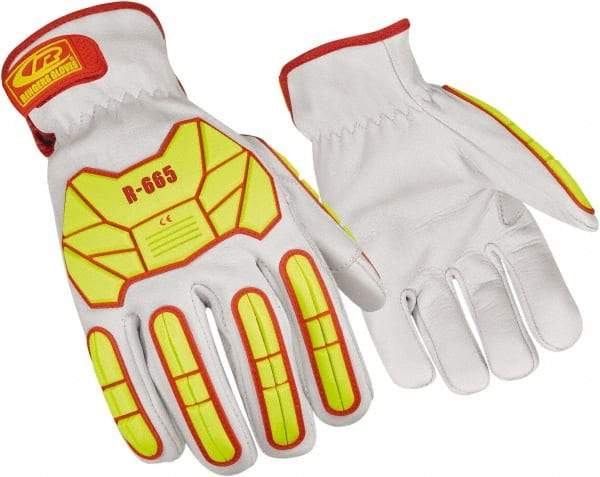 Ringers Gloves - Size 3XL (13), ANSI Cut Lvl 3, Goatskin Leather Cut Resistant Gloves - Hook & Loop Cuff, White/Hi-Vis Yellow, Paired - Eagle Tool & Supply