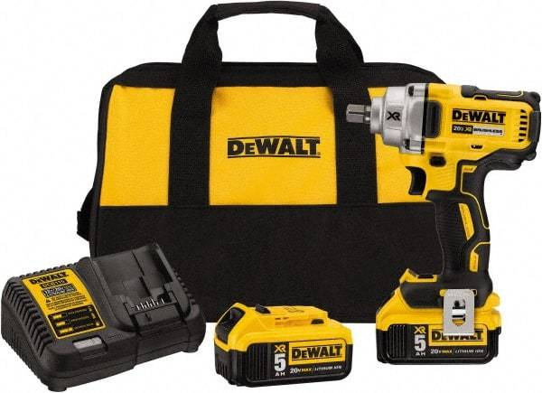 DeWALT - 1/2" Drive 20 Volt Mid-Handle Cordless Impact Wrench & Ratchet - 2,000 RPM, 0 to 3,100 BPM, 330 Ft/Lb Torque, 2 Lithium-Ion Batteries Included - Eagle Tool & Supply