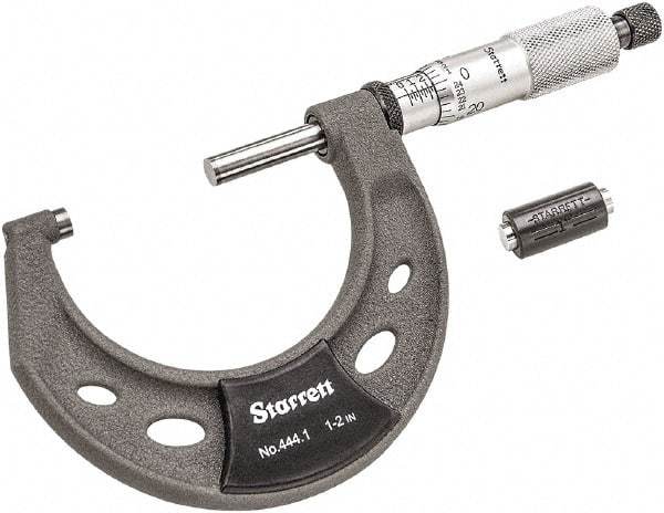 Starrett - 1 to 2" Range, 0.0001" Graduation, Mechanical Outside Micrometer - Ratchet Thimble, 1-1/4" Throat Depth, Accurate to 0.0001" - Eagle Tool & Supply