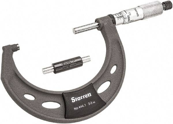 Starrett - 2 to 3" Range, 0.0001" Graduation, Mechanical Outside Micrometer - Ratchet Thimble, 1-3/4" Throat Depth, Accurate to 0.0001" - Eagle Tool & Supply