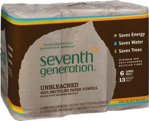 Seventh Generation - Perforated Roll of 2 Ply Brown Paper Towels - 11" Wide, No Added Dyes or Fragrances, Unbleached, 100% Recycled - Eagle Tool & Supply