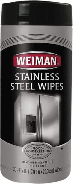 Weiman - Pre-Moistened Stainless Steel Cleaner Wipes - Canister, 8" x 7" Sheet Size, White - Eagle Tool & Supply