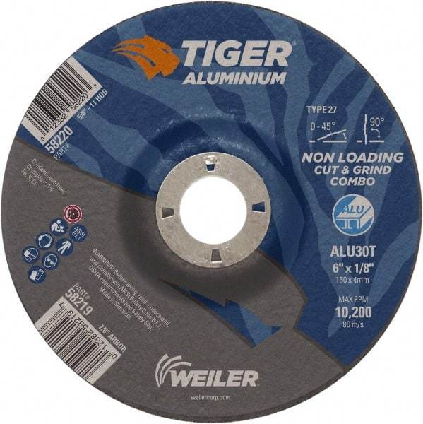 Weiler - 6" 30 Grit Aluminum Oxide/Silicon Carbide Blend Cutoff Wheel - 1/8" Thick, 7/8" Arbor, 10,200 Max RPM, Use with Angle Grinders - Eagle Tool & Supply