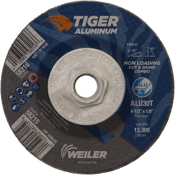 Weiler - 4-1/2" 30 Grit Aluminum Oxide/Silicon Carbide Blend Cutoff Wheel - 1/8" Thick, 5/8-11 Arbor, 13,300 Max RPM, Use with Angle Grinders - Eagle Tool & Supply