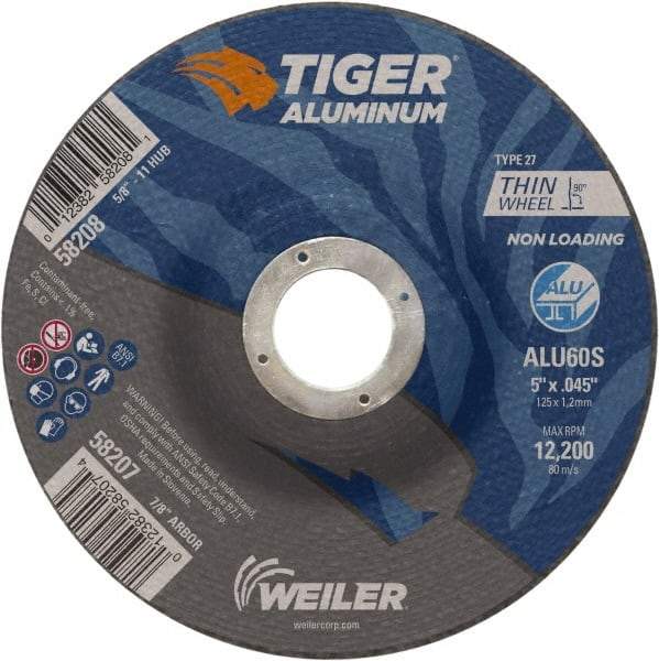 Weiler - 5" 60 Grit Aluminum Oxide/Silicon Carbide Blend Cutoff Wheel - 0.045" Thick, 7/8" Arbor, 12,200 Max RPM, Use with Angle Grinders - Eagle Tool & Supply