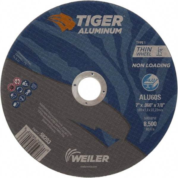 Weiler - 7" 60 Grit Aluminum Oxide/Silicon Carbide Blend Cutoff Wheel - 0.06" Thick, 7/8" Arbor, 8,500 Max RPM, Use with Angle Grinders - Eagle Tool & Supply