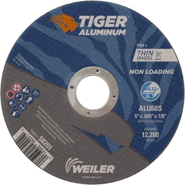 Weiler - 5" 60 Grit Aluminum Oxide/Silicon Carbide Blend Cutoff Wheel - 0.045" Thick, 7/8" Arbor, 12,200 Max RPM, Use with Angle Grinders - Eagle Tool & Supply