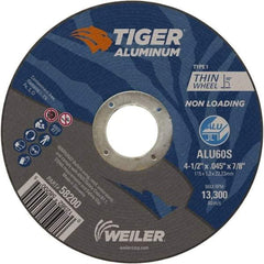 Weiler - 4-1/2" 60 Grit Aluminum Oxide/Silicon Carbide Blend Cutoff Wheel - 0.045" Thick, 7/8" Arbor, 13,300 Max RPM, Use with Angle Grinders - Eagle Tool & Supply