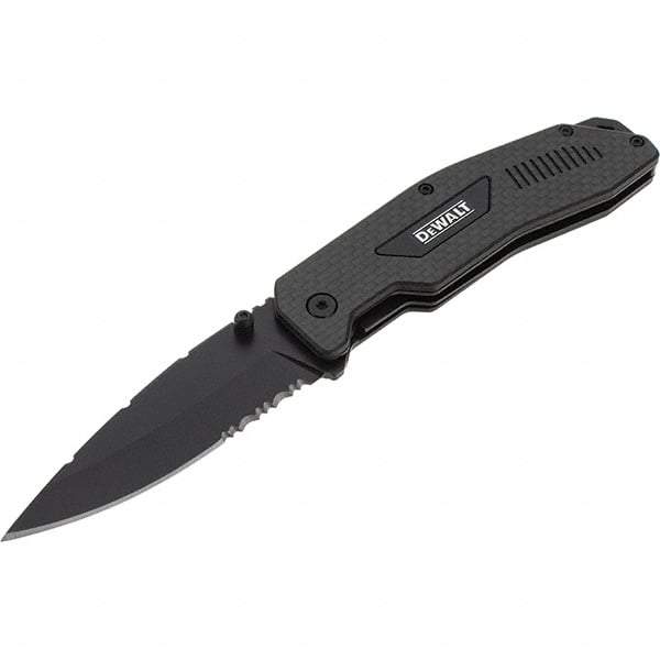 Stanley - 3-1/2" Blade, 8" OAL, Serrated & Straight Pocket Knife - 4-3/4" Closed Length, Carbon Fiber, 1 Blade, 1 Edge - Eagle Tool & Supply