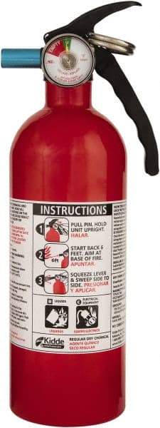 Kidde - 2 Lb, 5-B:C Rated, Dry Chemical Fire Extinguisher - 3-1/4" Diam x 10.95" High, 100 psi, 12' Discharge in 12 sec, Seamless Aluminum Cylinder - Eagle Tool & Supply
