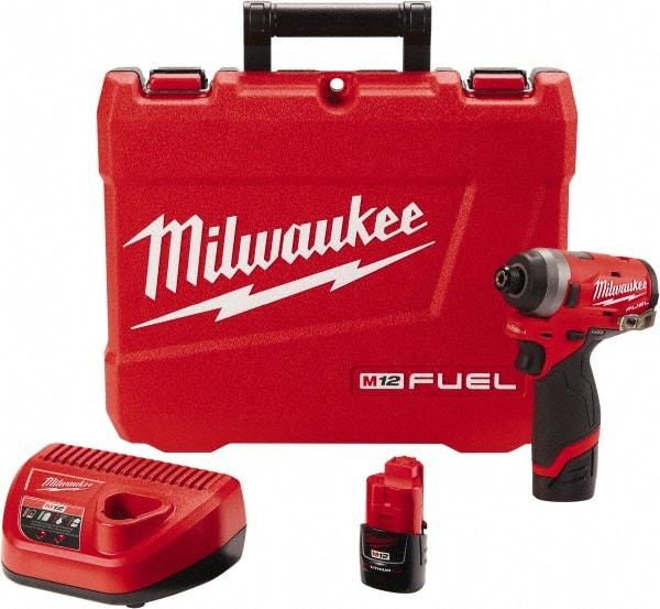 Milwaukee Tool - 1/4" Drive 12 Volt Pistol Grip Cordless Impact Wrench & Ratchet - 3,300 RPM, 0 to 4,000 BPM, 1,300 Ft/Lb Torque, 2 Lithium-Ion Batteries Included - Eagle Tool & Supply