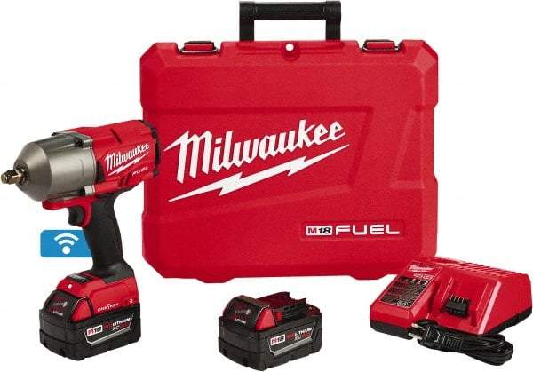 Milwaukee Tool - 1/2" Drive 18 Volt Pistol Grip Cordless Impact Wrench & Ratchet - 1,750 RPM, 0 to 2,100 BPM, 1,400 Ft/Lb Torque, 2 Lithium-Ion Batteries Included - Eagle Tool & Supply