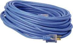 Southwire - 100', 14/3 Gauge/Conductors, Blue & Yellow Industrial Extension Cord - 3 Receptacles, 10 Amps, 125 VAC, UL SJTW, NEMA 5-15P - Eagle Tool & Supply