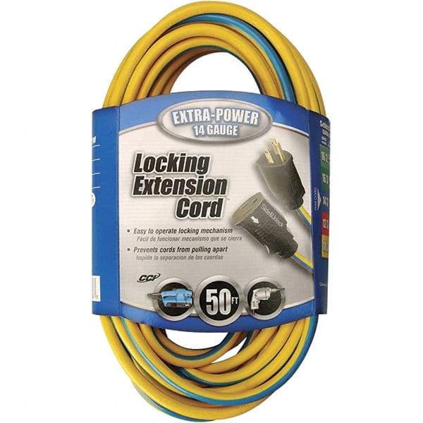 Southwire - 50', 14/3 Gauge/Conductors, Blue & Yellow Locking Extension Cord - 15 Amps, 125 VAC, UL SJTW, NEMA 5-15P - Eagle Tool & Supply
