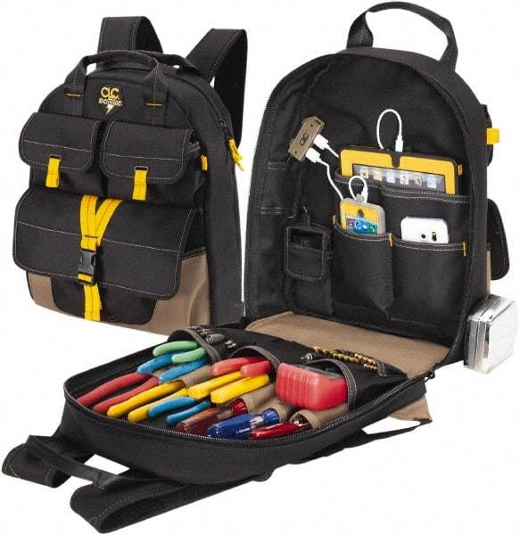 CLC - 23 Pocket Black & Khaki Polyester Backpack Tool Bag - 14" Wide x 6" Deep x 18-3/4" High - Eagle Tool & Supply