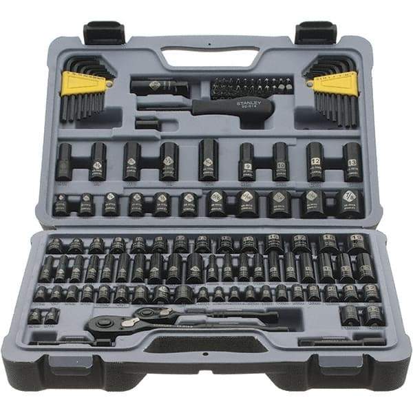 Stanley - 123 Piece 1/4" Drive Black Chrome Finish Socket Set - 12 Points, 5/32" to 1/2" (4mm to 12mm) Range, Inch/Metric Measurement Standard - Eagle Tool & Supply