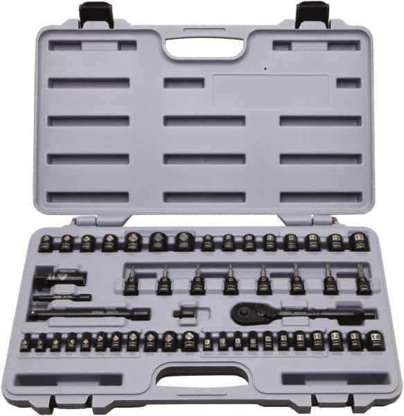 Stanley - 50 Piece 1/4 & 3/8" Drive Standard Socket Set - 5/32 to 9/16", 4 to 18mm, Inch/Metric Measurement Standard - Eagle Tool & Supply