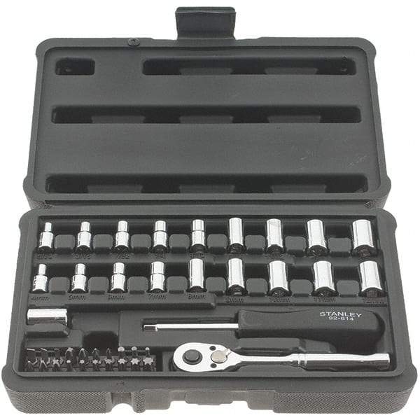 Stanley - 41 Piece 1/4" Drive Chrome Finish Socket Set - 12 Points, 5/32" to 11/16" (4mm to 17mm) Range, Inch/Metric Measurement Standard - Eagle Tool & Supply
