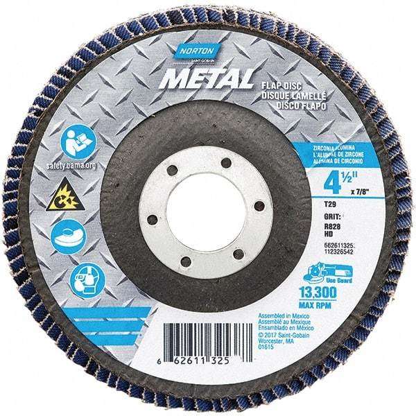 Norton - 60 Grit, 4-1/2" Disc Diam, 7/8" Center Hole, Type 29 Zirconia Alumina Flap Disc - 13,300 Max RPM, Fiberglass Backing, Arbor Attaching System, Coated - Eagle Tool & Supply