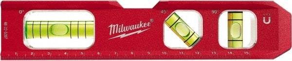 Milwaukee Tool - Magnetic 7" Long 3 Vial Torpedo Level - Aluminum, Red, 1 Level, 1 Plumb & 1 45° Vials - Eagle Tool & Supply