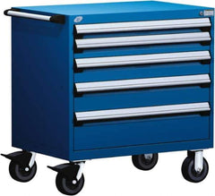 Rousseau Metal - 5 Drawer Steel Tool Roller Cabinet - 36" Wide x 37-1/2" High x 24" Deep, Ball Bearing Drawer Slides, Blue - Eagle Tool & Supply