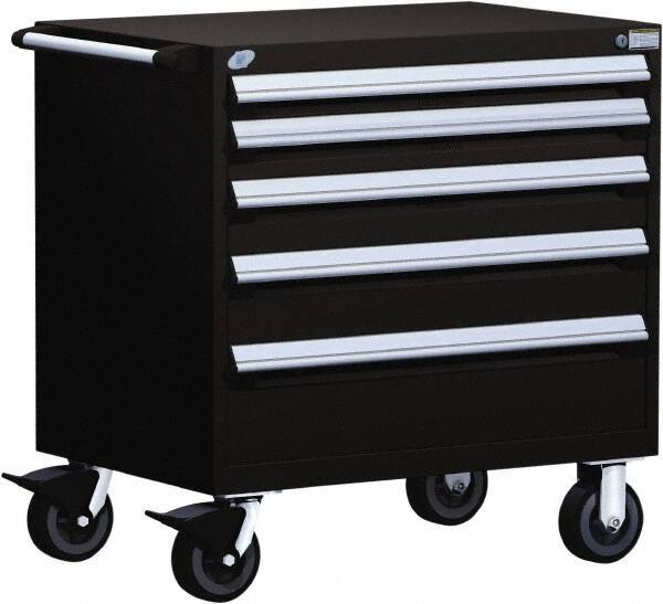 Rousseau Metal - 5 Drawer Steel Tool Roller Cabinet - 36" Wide x 37-1/2" High x 18" Deep, Ball Bearing Drawer Slides, Black - Eagle Tool & Supply