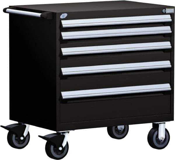 Rousseau Metal - 5 Drawer Steel Tool Roller Cabinet - 30" Wide x 37-1/2" High x 27" Deep, Ball Bearing Drawer Slides, Black - Eagle Tool & Supply