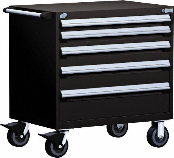 Rousseau Metal - 5 Drawer Steel Tool Roller Cabinet - 30" Wide x 37-1/2" High x 21" Deep, Ball Bearing Drawer Slides, Black - Eagle Tool & Supply