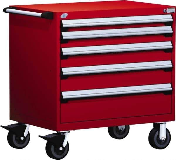 Rousseau Metal - 5 Drawer Steel Tool Roller Cabinet - 30" Wide x 37-1/2" High x 21" Deep, Ball Bearing Drawer Slides, Red - Eagle Tool & Supply