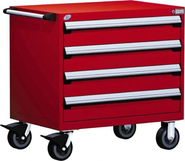 Rousseau Metal - 4 Drawer Steel Tool Roller Cabinet - 36" Wide x 35-1/8" High x 24" Deep, Ball Bearing Drawer Slides, Red - Eagle Tool & Supply