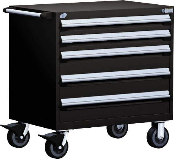 Rousseau Metal - 5 Drawer Steel Tool Roller Cabinet - 36" Wide x 37-1/2" High x 24" Deep, Ball Bearing Drawer Slides, Black - Eagle Tool & Supply