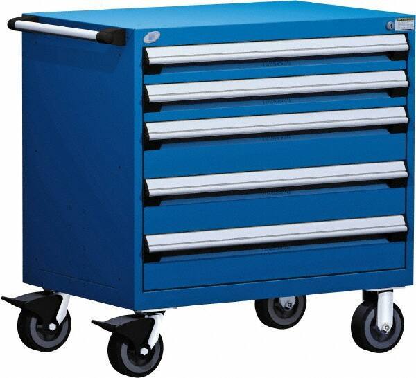 Rousseau Metal - 5 Drawer Steel Tool Roller Cabinet - 36" Wide x 37-1/2" High x 24" Deep, Ball Bearing Drawer Slides, Blue - Eagle Tool & Supply