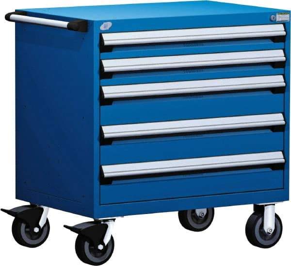 Rousseau Metal - 5 Drawer Steel Tool Roller Cabinet - 36" Wide x 37-1/2" High x 18" Deep, Ball Bearing Drawer Slides, Blue - Eagle Tool & Supply