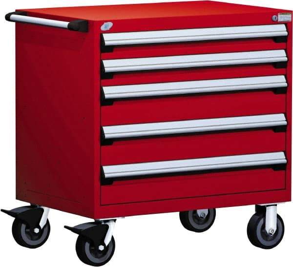 Rousseau Metal - 5 Drawer Steel Tool Roller Cabinet - 30" Wide x 37-1/2" High x 27" Deep, Ball Bearing Drawer Slides, Red - Eagle Tool & Supply