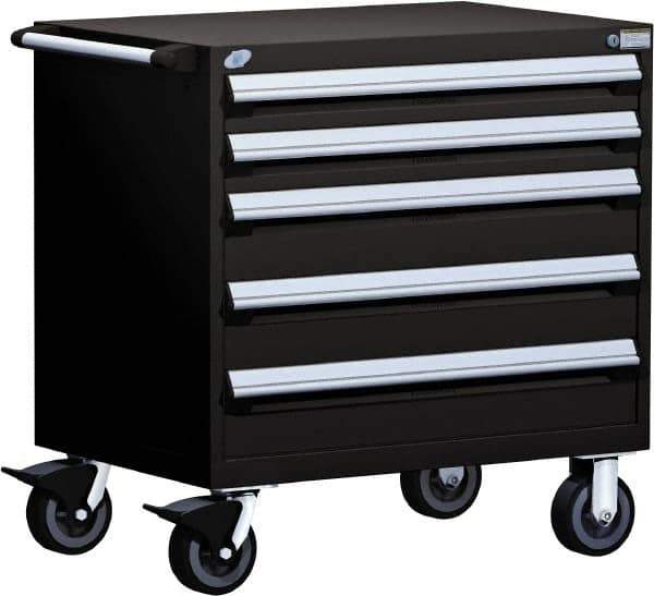 Rousseau Metal - 5 Drawer Steel Tool Roller Cabinet - 30" Wide x 37-1/2" High x 21" Deep, Ball Bearing Drawer Slides, Black - Eagle Tool & Supply