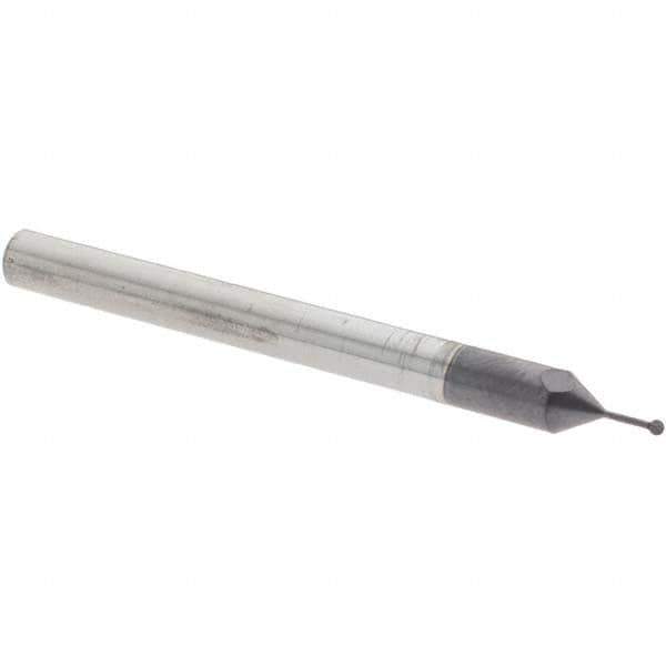 Accupro - 1/32" Diam, 0.027" LOC, 2 Flute Solid Carbide Ball End Mill - nACo Finish, Single End, 1-1/2" OAL, 1/8" Shank Diam, Undercutting - Eagle Tool & Supply