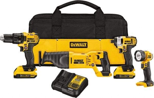 DeWALT - 20 Volt Cordless Tool Combination Kit - Includes 1/2" Drill/Driver, 1/4" Impact Driver, Reciprocating Saw & LED Worklight, Lithium-Ion Battery Included - Eagle Tool & Supply