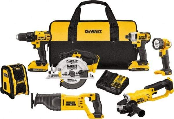 DeWALT - 20 Volt Cordless Tool Combination Kit - Includes 1/2" Compact Drill/Driver, 1/4" Impact Driver, Cut-off Tool/Grinder, Reciprocating Saw, 6-1/2 Circular Saw, LED Worklight & Bluetooth Speaker, Lithium-Ion Battery Included - Eagle Tool & Supply