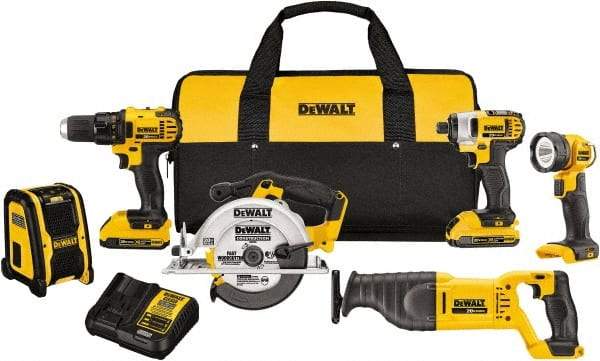 DeWALT - 20 Volt Cordless Tool Combination Kit - Includes 1/2" Compact Drill/Driver, 1/4" Impact Driver, Reciprocating Saw, 6-1/2 Circular Saw, LED Worklight & Bluetooth Speaker, Lithium-Ion Battery Included - Eagle Tool & Supply