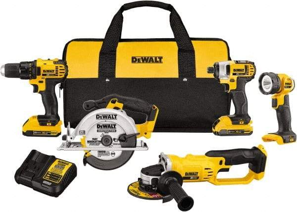 DeWALT - 20 Volt Cordless Tool Combination Kit - Includes 1/2" Compact Drill/Driver, 1/4" Impact Driver, Cut-off Tool/Grinder, 6-1/2 Circular Saw & LED Worklight, Lithium-Ion Battery Included - Eagle Tool & Supply