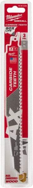 Milwaukee Tool - 9" Long x 1" Thick, Carbide Reciprocating Saw Blade - Tapered Profile, 6 TPI, Toothed Edge, Universal Shank - Eagle Tool & Supply