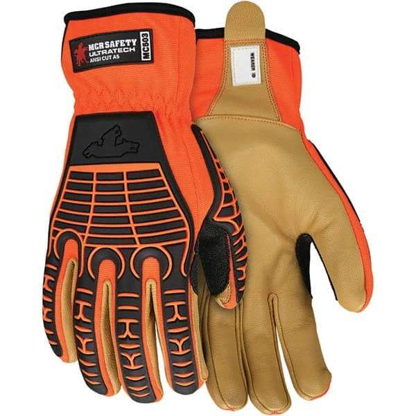 MCR Safety - Size L ANSI Cut Lvl A5, Abrasion Lvl 4, Goatskin Cut Resistant Gloves - Uncoated, Dyneema Diamond Lining, Slip-On Cuff, Orange/Gold, Paired - Eagle Tool & Supply