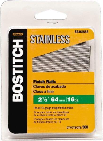 Stanley Bostitch - 16 Gauge 1/16" Shank Diam 2-1/2" Long Finishing Nails for Power Nailers - Stainless Steel, Smooth Shank, Straight Stick Adhesive Collation, Round Head, Chisel Point - Eagle Tool & Supply