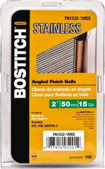 Stanley Bostitch - 15 Gauge 0.07" Shank Diam 1-1/2" Long Finishing Nails for Power Nailers - Stainless Steel, Smooth Shank, Angled Stick Adhesive Collation, Round Head, Chisel Point - Eagle Tool & Supply