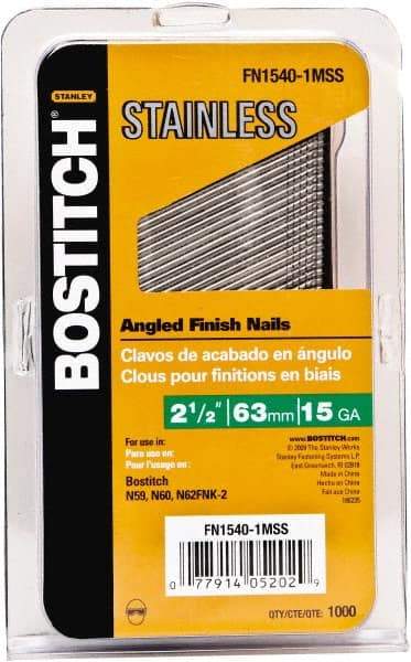 Stanley Bostitch - 15 Gauge 0.07" Shank Diam 2-1/2" Long Finishing Nails for Power Nailers - Stainless Steel, Smooth Shank, Angled Stick Adhesive Collation, Round Head, Chisel Point - Eagle Tool & Supply